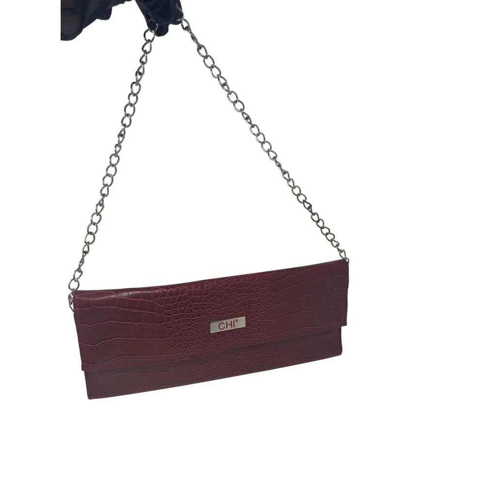 CHI Clutch Bag Womens Small Burgundy Croc Embossed‎ Faux Leather Chain Strap